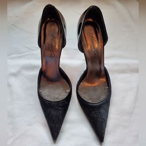 Kenneth Cole New York Black Faux Fur Patent Leather Silver Heels - Size 8 Used